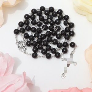 Chapelet religieux en perles de verre noires rondes, collier de prière avec médaille <span class=keywords><strong>Notre</strong></span>-<span class=keywords><strong>Dame</strong></span> de Fatima et crucifix pour la culte - Product Image 1
