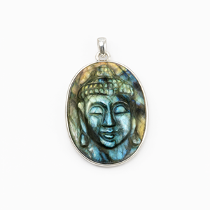 Pendentif sculpté Bouddha en labradorite chatoyante en argent allemand - bijoux en cristal/pierre précieuse pour la fête des Mères - Product Image 2