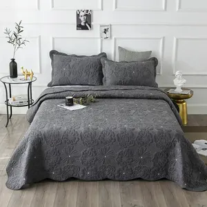 European-style solid color peony flower embroidery quilted quilt bed cover washed bedding three-piece set all cotton