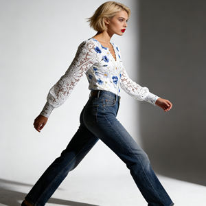 Blusa de Encaje Blanco Menta para Mujer, Manga de Encaje, Estilo Dulce, Transpirable, Elegante, Cuello en V, Botones al Frente, Casual, Largo Medio - Product Image 6