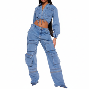 ชุดเดรสคุณภาพสูง เสื้อผู้หญิงและกางเกงยีนส์ ชุดเซ็ตผ้าฝ้ายเดนิมสำหรับผู้หญิง สไตล์ล่าสุด ชุดลำลองสำหรับผู้หญิง - Product Image 1