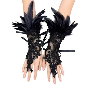 Women's Feather Long Wedding Gloves Lace 2PCS Gothic Feather Gloves Punk Carnival Rave Party Accessories Cosplay Costumes