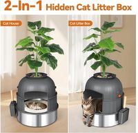 Bac à litière pour chat en acier inoxydable anti-odeur, fermé, avec plante artificielle, grand espace, pour intérieur, dissimulé, avec pelle