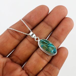Collar con Colgante Ovalado de Crisocola Natural, Engaste en Bisel, Plateado, Unisex, para Uso Diario, Gema Curativa, Cristal Real - Product Image 5