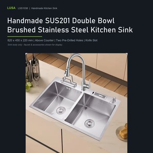 <span class=keywords><strong>Lusa</strong></span> Fabrik SUS201 Doppelbecken-Küchenspüle aus gebürstetem Edelstahl 820x450x220mm mit zwei Löchern und Messerhalterung OEM Großhandel - Product Image 2