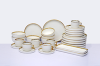 Service de table en porcelaine blanche, assiettes, bols à soupe, assiettes de présentation, vaisselle en céramique de luxe avec bordure dorée