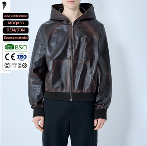 OEM Manufacturers Custom Men's Vintage Leather Varsity <b>Jacket</b> Loose Street Hooded Loose <b>Zip</b> <b>up</b> Bomber <b>Jacket</b> - Product Image 1