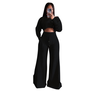 Ensemble de vêtements pour femmes, décontracté, couleur unie, haut court et pantalon long, ample, 2 pièces, tendance - Product Image 6