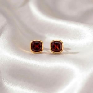 Premium Garnet Cushion Cut Faceted Stud <b>Earrings</b> Crafted In 925 Sterling Silver Or 18K Gold Filled Natural Deep <b>Red</b> Stone Jewel - Product Image 3