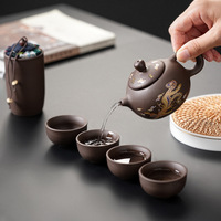Service à thé de voyage en céramique de sable violet, 1 pot, 4 tasses, portable pour l'extérieur, design Kung Fu, étui de transport zippé, cadeau d'affaires
