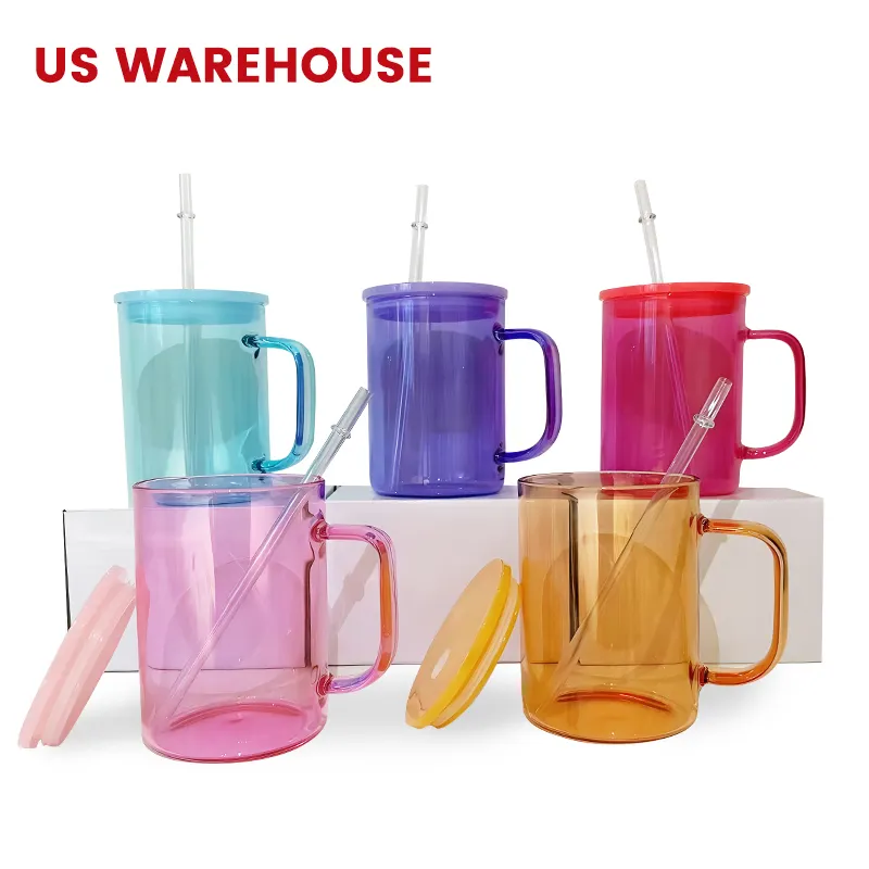 USA Warehouse 17oz mug kaca Jelly bening Cady warna-warni dengan tutup plastik berwarna dan sedotan