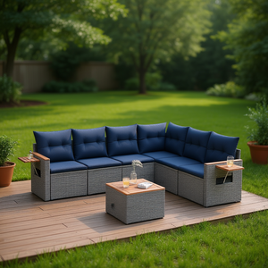 Conjunto de sofás de patio de ratán sintético gris de 7 piezas con cojines, muebles de jardín para exteriores, diseño contemporáneo - Product Image 2