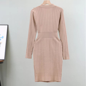 Abito Elegante da Donna a Linea A, Stile Francese, a Maniche Lunghe, in Maglia Traspirante, Tinta Unita, con Bottoni, Stile Semplice e Casual, per Autunno e Inverno - Product Image 3