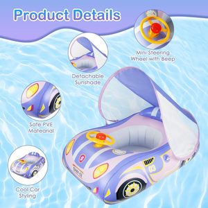 Inflatable Car Seat Ring 73x53cm With Sunshade And Horn For Children Swimming Pool Float - Product Image 1