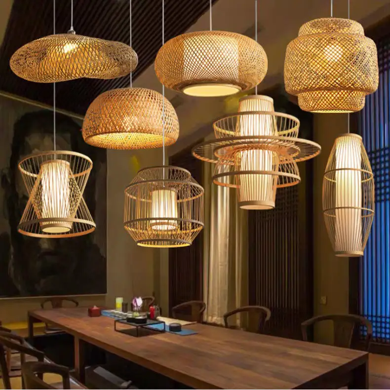LED Handmade Rattan Chandelier Round Straw Hat Bamboo Lamp Pastoral Vintage Restaurant Hanging Light for Cafe Bar Restaurant