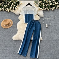 Conjunto de Dos Piezas de Camiseta de Manga Corta y Pantalones Casuales de Cintura Alta con Top de Mezclilla para Mujer