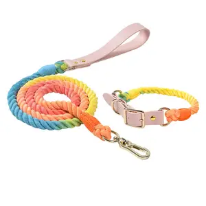 Manufacturer Handmade Rope Leashes Cotton LOGO tag OEM Braided Ombre Rope Dog Leash and collar set