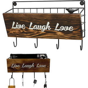 Live Laugh Love Wall Mount Key Rack With Storage <b>Shelf</b> Entryway Organizer Burnt Wood Finish 4 <b>Hooks</b> Rectangle Shape - Product Image 1
