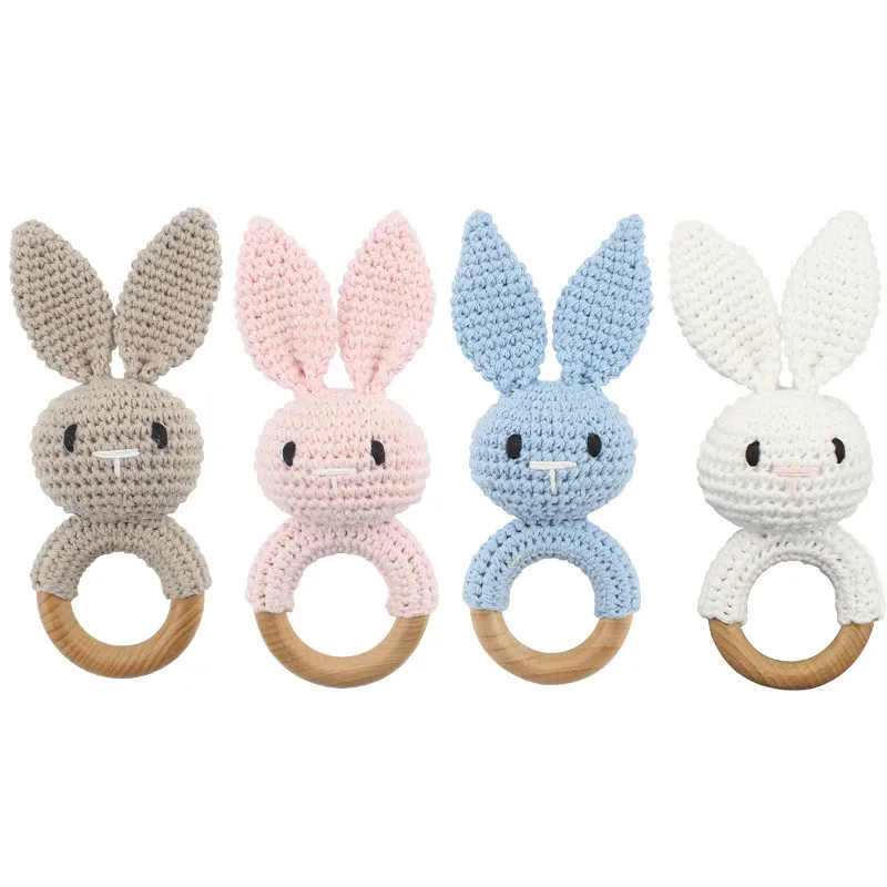 H84 Handmade Rabbit Knitted Beißring Häkeln Beißring Großhandel Baby Rasseln Spielzeug Holz Hase Rassel