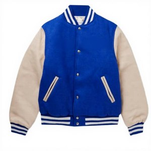 Chaqueta Universitaria Azul Rey y Blanca, Chaqueta de Béisbol con Botones a Presión, Ribete a Rayas, Mangas en Contraste, Chaquetas Personalizadas para Hombre - Product Image 1