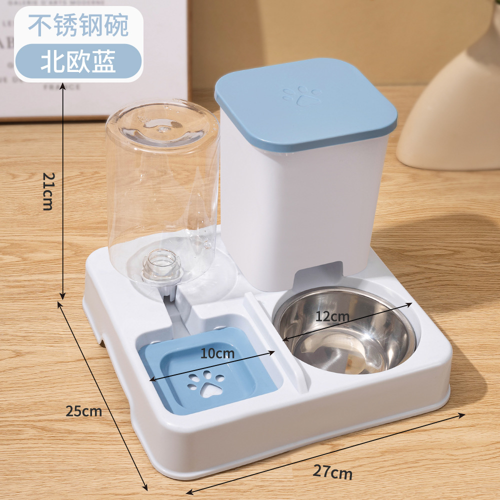 blue and white square feeder + stainless steel bowl