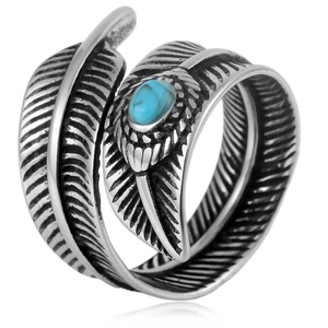 yunnique Men's Feather Shape <b>Titanium</b> Steel <b>Ring</b> With Turquoise Stone Bezel Setting Gift Jewelry - Product Image 1