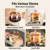 Pot à soupe moderne en verre borosilicate avec couvercle, résistant à la chaleur, 1,6 L, double poignée, pour cuisinière, micro-ondes et lave-vaisselle