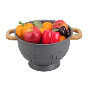 Washing Vegetables, Fruit and Rice and for Draining Cooked Pasta Wooden Bamboo Handles Metal Colander - Product Image 1