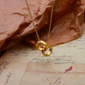 European American Style Gold Double Ring <b>Interlocking</b> Couple Pendant <b>Necklace</b> Titanium Steel Gold Plated Korean Fashion Gift - Product Image 1