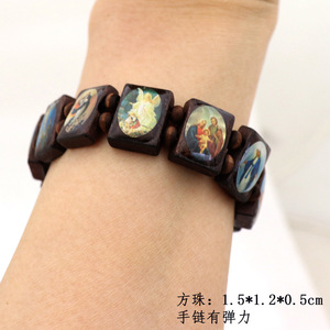 Virgin Mary Jesus Catholic Orthodox Prayer Faith Jewelry Gift Rectangle Wooden <b>Stretch</b> Beaded <b>Bracelet</b> - Product Image 4