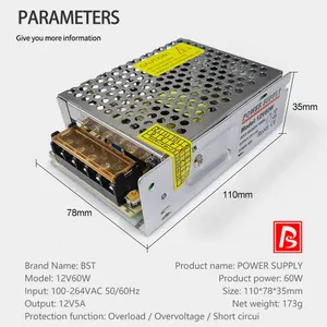 Fuente de alimentación LED para cámara CCTV, transformador de potencia de 55w, 60w, 65w, 70w, 12v, 5v, 24v, 2a, 5a, 6a, 7a, 8a, gran oferta