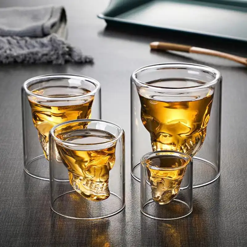 Halloween 3D Head Skeleton Modeling Crystal Clear Unique High Borosil Double Wall Party Shot Glass Beer Whiskey Wine Cup