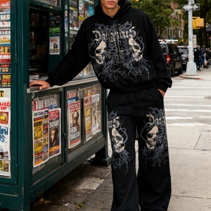 Conjunto Deportivo Estilo Vintage Urbano, Grueso, 500 g/m², Oversize, con Estampado, Tallas Grandes, Sudadera con Capucha y Pantalones Deportivos para Hombre - Product Image 2