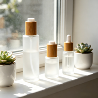 Flacon cosmétique en verre givré écologique avec compte-gouttes à pression en bambou pour sérum et huile pour le visage