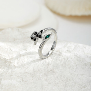 Panda Animal Open <b>Ring</b> Silver <b>Adjustable</b> With Green Leaf Design Unisex Jewelry Gift - Product Image 4