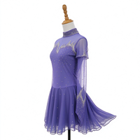 Robe de patinage artistique pour enfants et adultes, violet clair, col montant, manches longues en maille, dos en V orné de strass, pour compétition et spectacle
