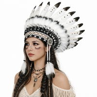 Coiffe en Plumes Véritables Premium Inspirée des Peuples Indigènes, Noir et Blanc, pour Soirées d'Halloween, Séances Photo, Spectacles de Danse et Événements