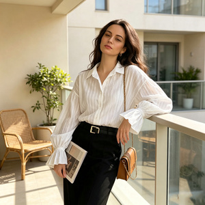 Women's <b>White</b> Striped Poplin Blouse With <b>Balloon</b> Sleeves Turn-down Collar Elegant Office Shirt Spring Summer Full Sleeve - Product Image 2