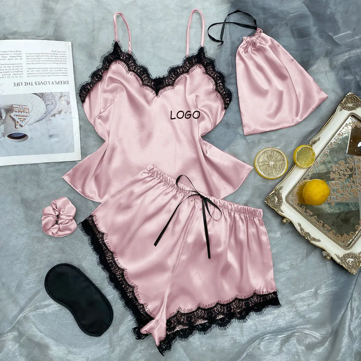 Custom Lace Pijamas Sets Womens Sleepwear 2023 Summer Satin Sling Top and Shorts Suit Lounge Wear Ladies Nightwear Sexy Pajama