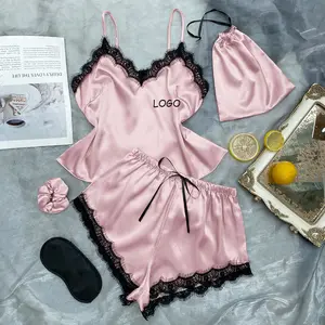 Set Pigiama in Pizzo Personalizzato, Abbigliamento da Notte Estivo 2023 per Donna, Top a Canotta in Raso e Pantaloncini, Completo Loungewear Sexy - Product Image 1