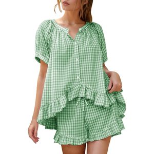 Womens Gingham <b>Pajamas</b> <b>Set</b> 2 Piece Cotton Short Sleeve Ruffle Shirt Shorts Summer Lounge Outfit Casual Sleepwear - Product Image 1
