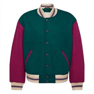 Unisex Green <b>Purple</b> Windproof Varsity Jacket Casual Style Color Blocking Turn-down Collar Regular Fit Winter Wear Front - Product Image 1