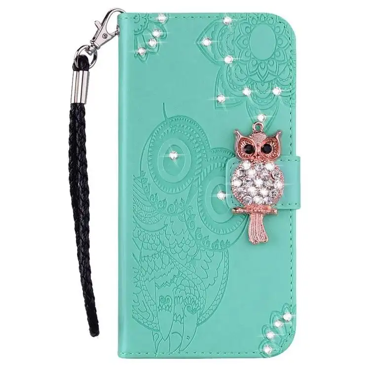 Funda de cuero para teléfono, funda con soporte para billetera, funda de teléfono con estampado de flores de búho y diamantes de imitación para iPhone 15 14 promax Plus, funda trasera