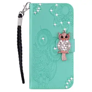 Leather Case Phone Wallet Stand Cover Owl Flower Imprinted Rhinestone bling phone cases for iPhone 15 14 promax plus back cover