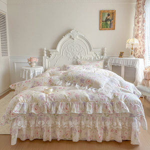 <span class=keywords><strong>Parure</strong></span> <span class=keywords><strong>de</strong></span> <span class=keywords><strong>lit</strong></span> 4 pièces en coton 100% style français, <span class=keywords><strong>avec</strong></span> volants en dentelle et motifs floraux, style princesse, pour la maison - Product Image 5