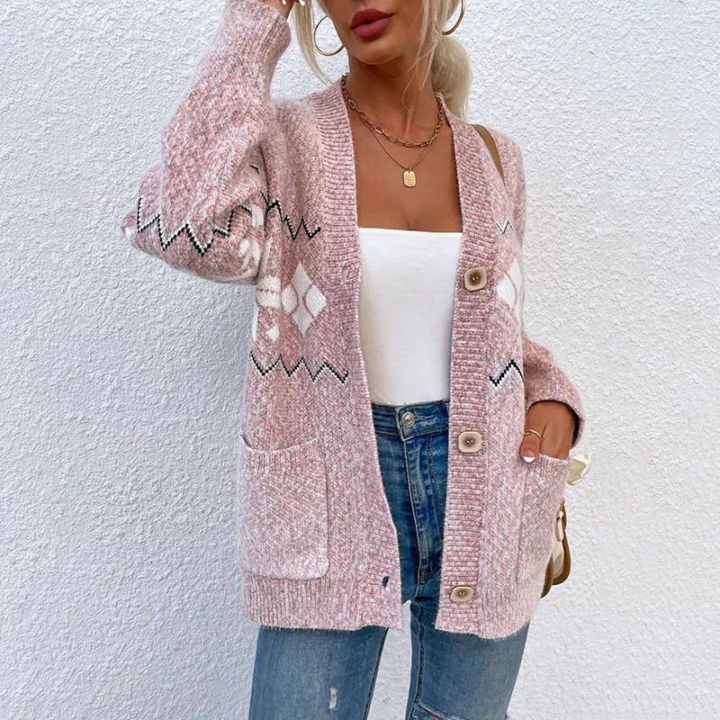 Long Sleeves V-neck Knitted Custom Ladies Knitted Tops Women Cardigan Christmas Sweater