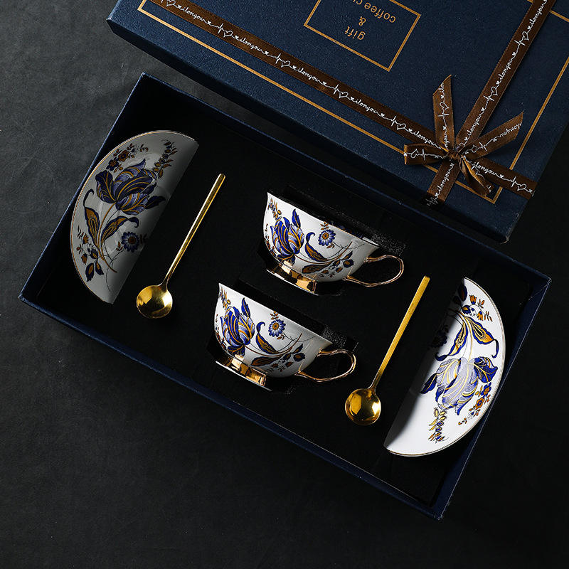 Blue 2 cups 2 plates 2 spoons exquisite gift box