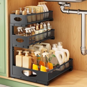 Étagère de <span class=keywords><strong>rangement</strong></span> coulissante à 3 niveaux en métal épaissi pour cuisine et salle de bain, réglable en hauteur, <span class=keywords><strong>sous</strong></span> évier - Product Image 3