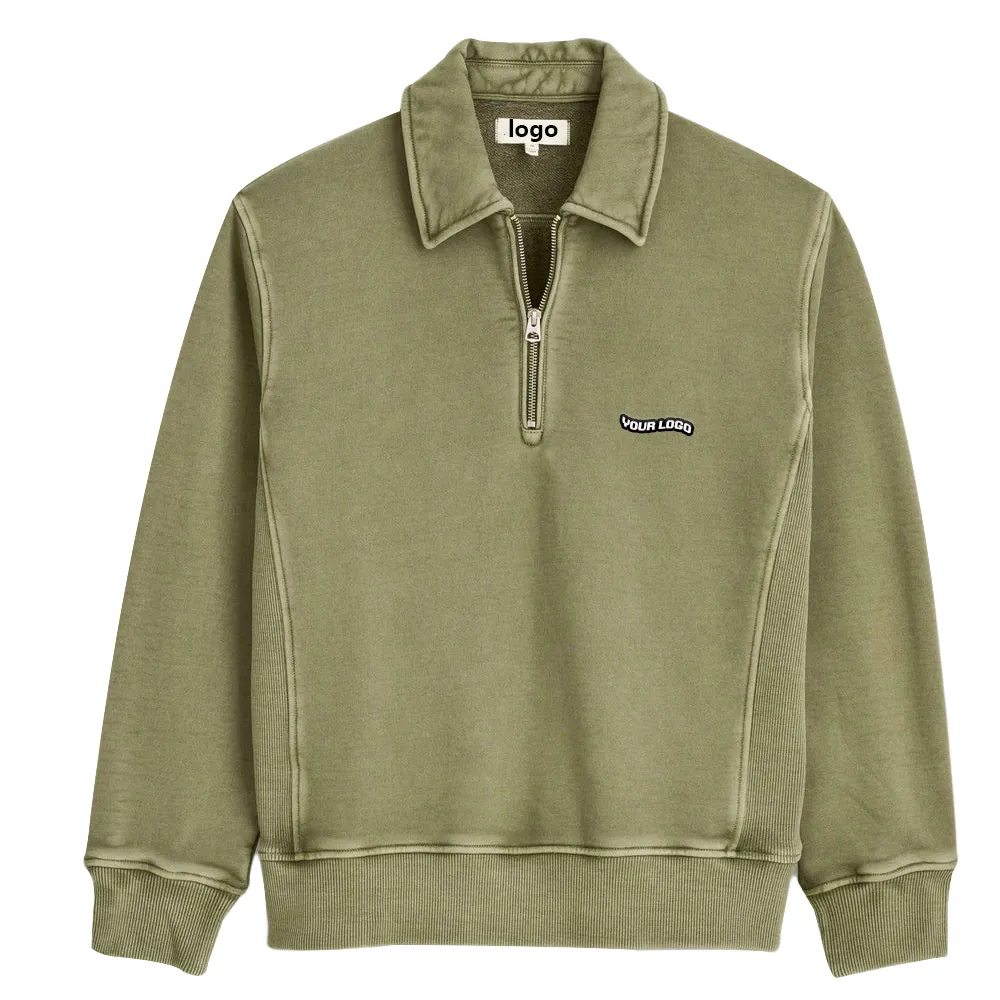 Custom Vintage Heren Herfst Katoen Comfort Half Zip Sweatshirt Pullover Acetaat Wash Heren 1/4 Zip-Up Kraag Sweatshirt