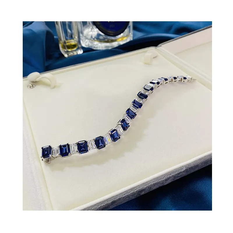 Elegante Aangepaste Made 925 Sterling Zilver Luxe Blue Sapphire Armband 2021 Trendy Tennis Chain Armband